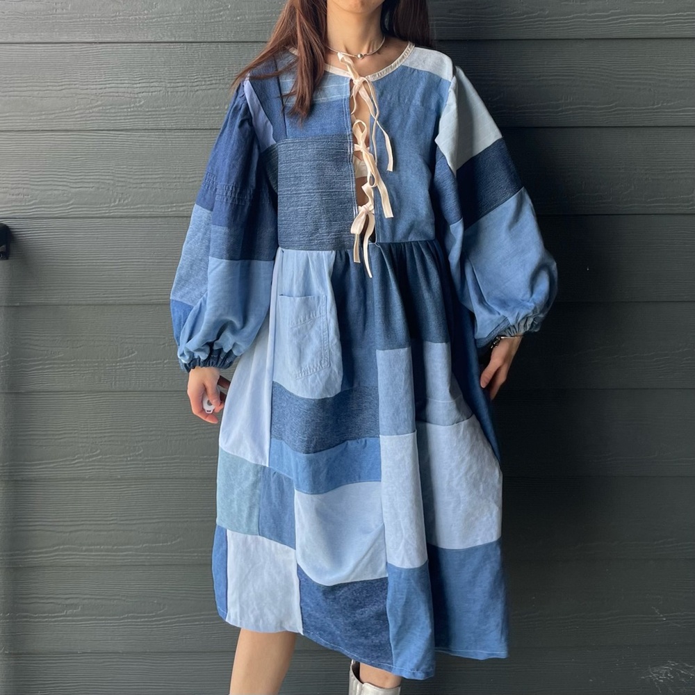 Handmade Denim Patchwork Quilted Puff Sleeves Cottage Dress SKU 04117 - Picture 8 of 16